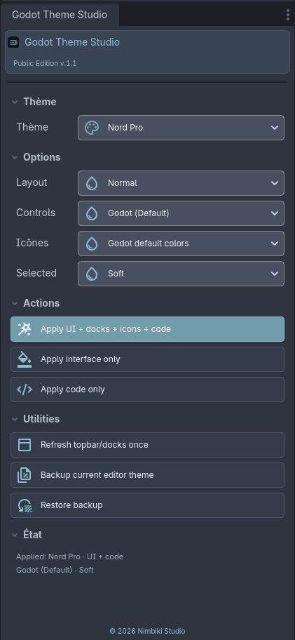Godot Theme Studio dock in Nord theme