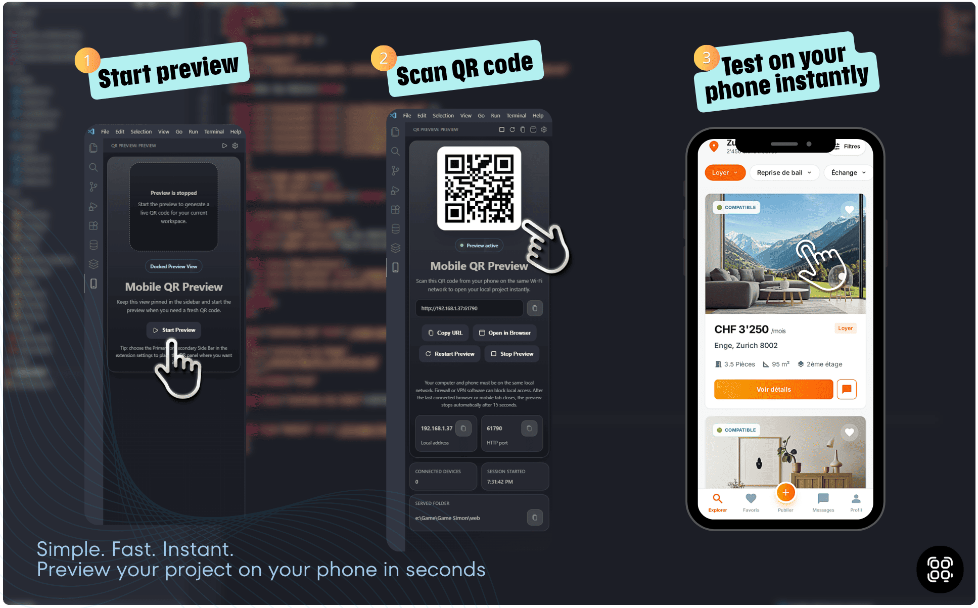 Start preview, scan the QR code, and test on your phone
