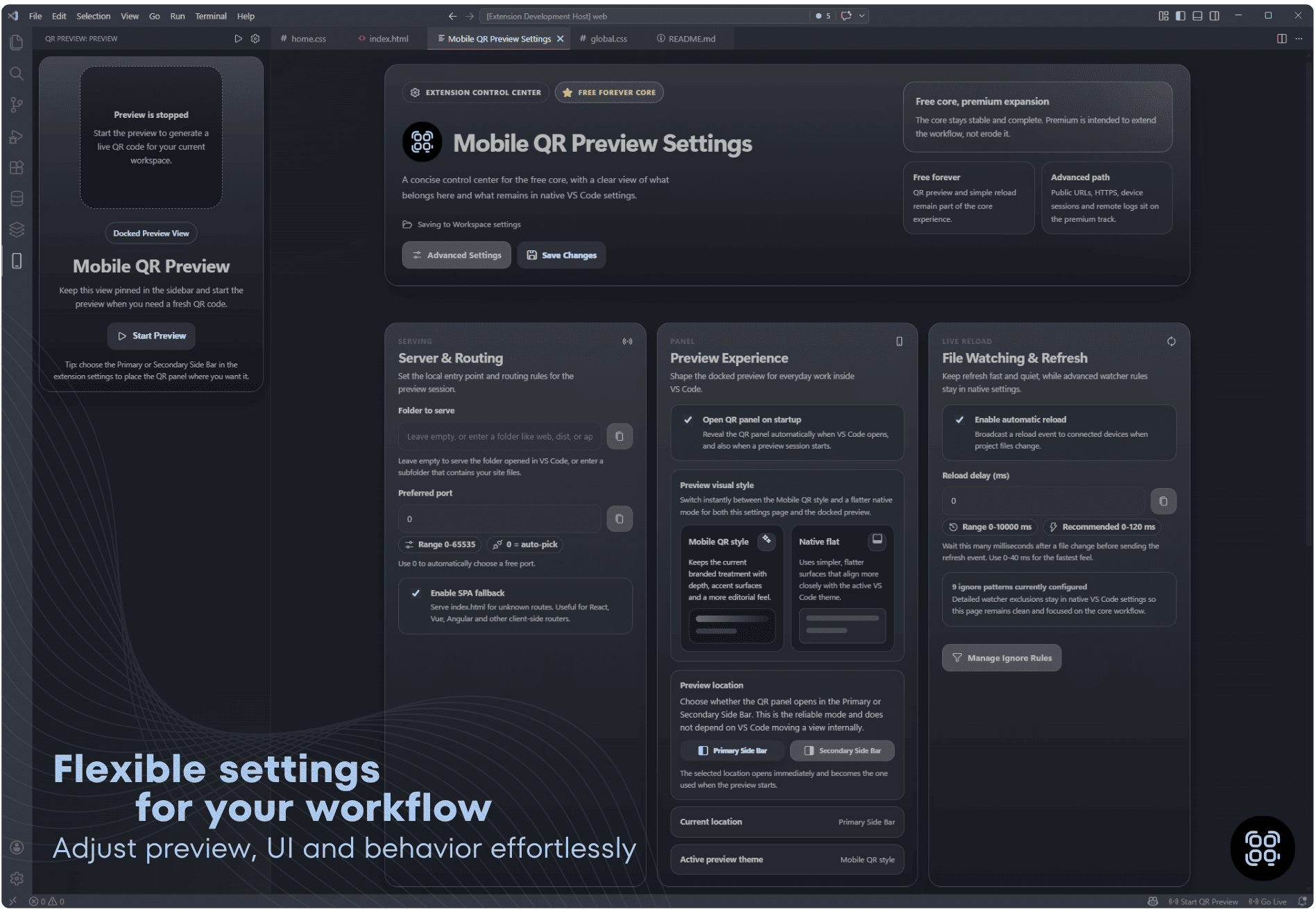 Flexible settings for folder, routing, and live reload